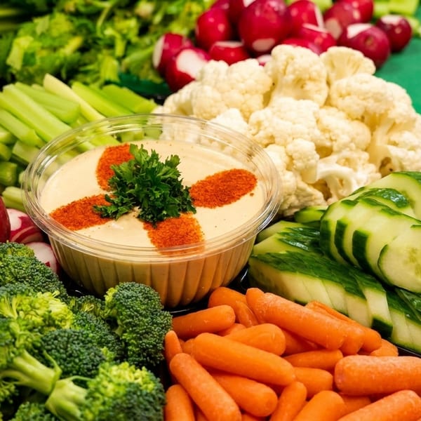 A vibrant vegetable platter with hummus, broccoli, carrots, radishes, celery, cauliflower, and cucumbers.