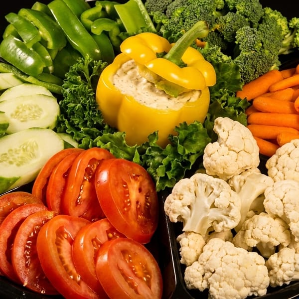 A black platter filled with fresh vegetables including cucumbers, tomatoes, bell peppers, broccoli, carrots, and cauliflower, with a yellow bell pepper holding dip in the center.