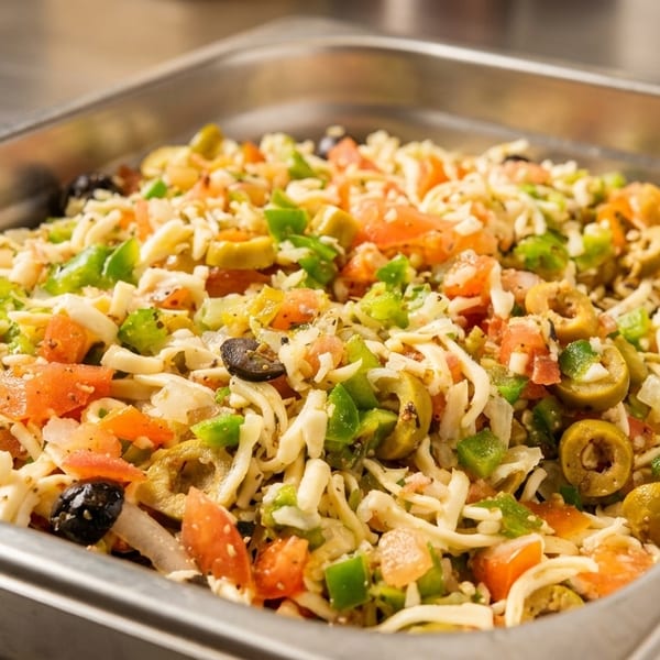 Close-up of a metal tray filled with a colorful salad of shredded cheese, diced tomatoes, olives, and green peppers.
