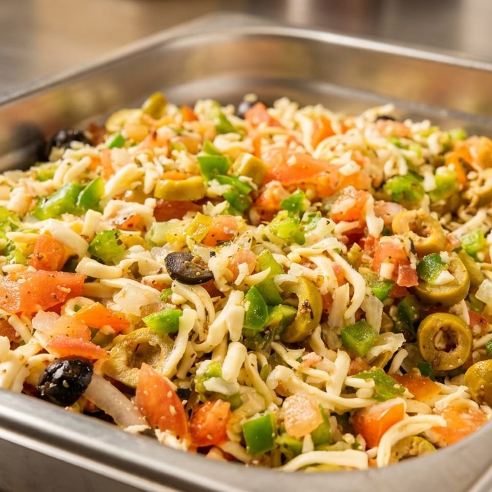 Close-up of a metal tray filled with a colorful salad of shredded cheese, diced tomatoes, olives, and green peppers.