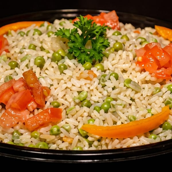Close-up of rice pilaf with green peas, diced tomatoes, orange bell peppers, and parsley garnish.