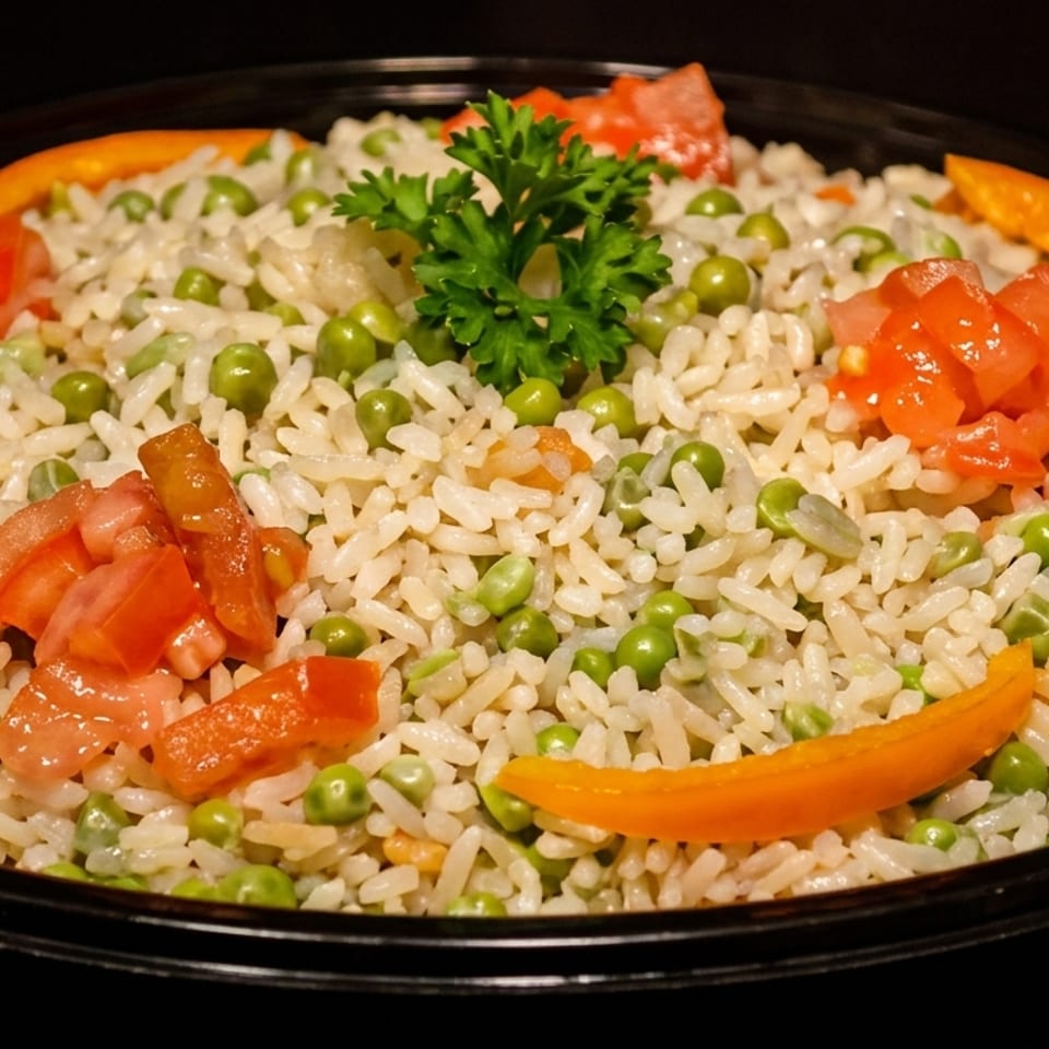 Close-up of rice pilaf with green peas, diced tomatoes, orange bell peppers, and parsley garnish.