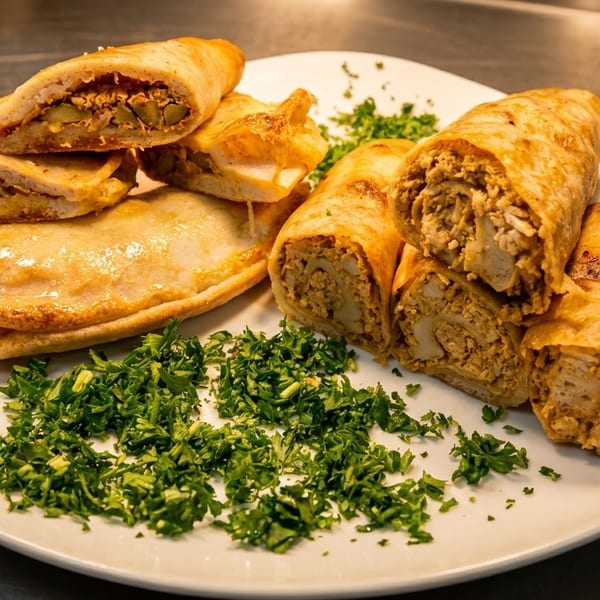 A plate of golden-brown empanadas and chicken shawarma wraps, garnished with fresh parsley.